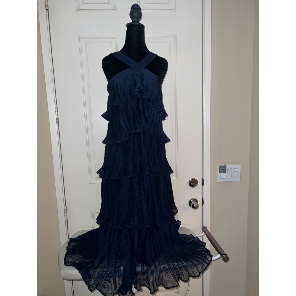 Lulus Lauretta Navy Plisse Tiered Roaring 20s Great Gatsby Midi Dress Sz Large